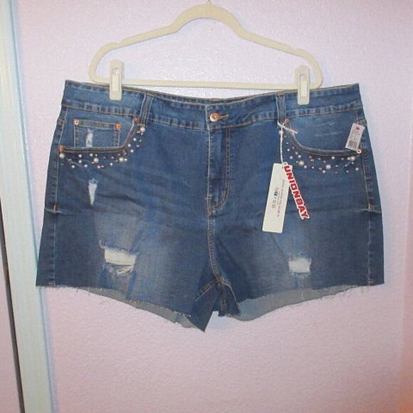 Vtg Y2K Embellished Jean Shorts Plus Size 24 Stretch Denim Cut Offs High Rise - Picture 1 of 9